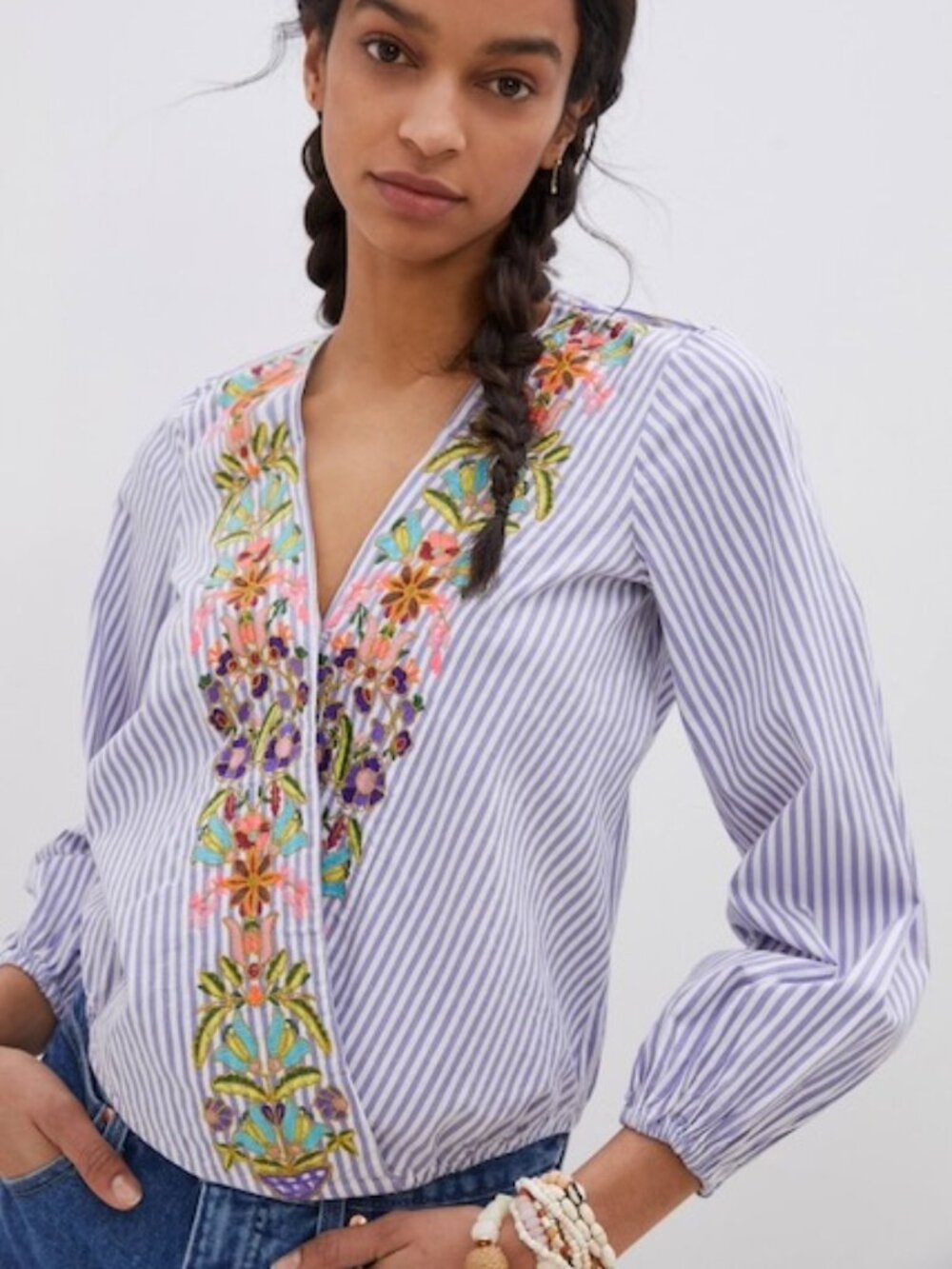 Anthropologie Womens Embroidered Striped Top Size M Cottage Floral Boho Hippie